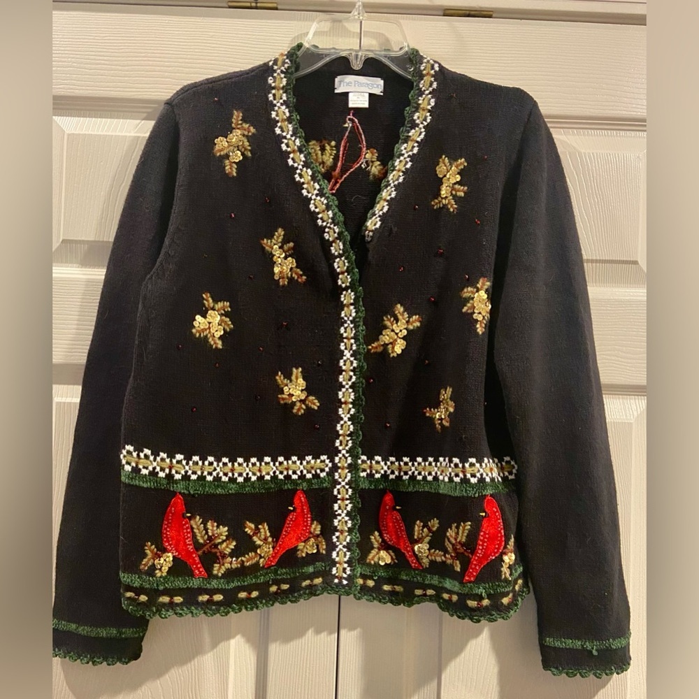 The Paragon New York Women's Cardigan Black Ugly Christmas Cardinals Sz XL